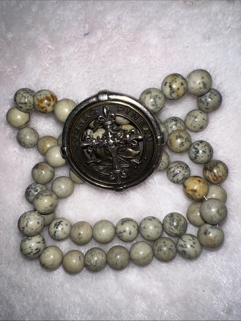 VTG French Kande Jasper Caronac Pineau Rosé Beaded 3 Strand Bracelet Medallion